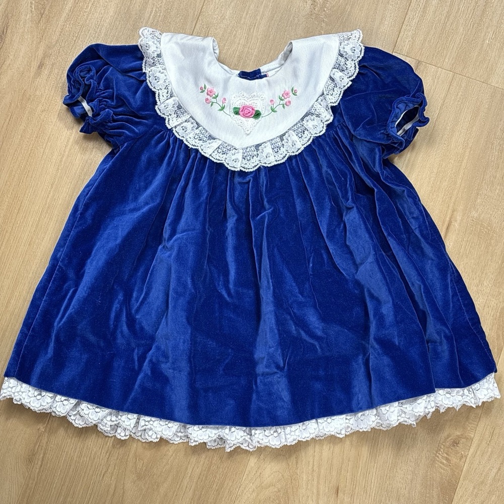 Vtg Girl Dress Floral Bib Collar Velour Velvet Blue Size 24M USA Puffy Sleeves